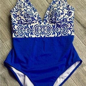 Boden Blue and White Elegant One Piece Swimsuit